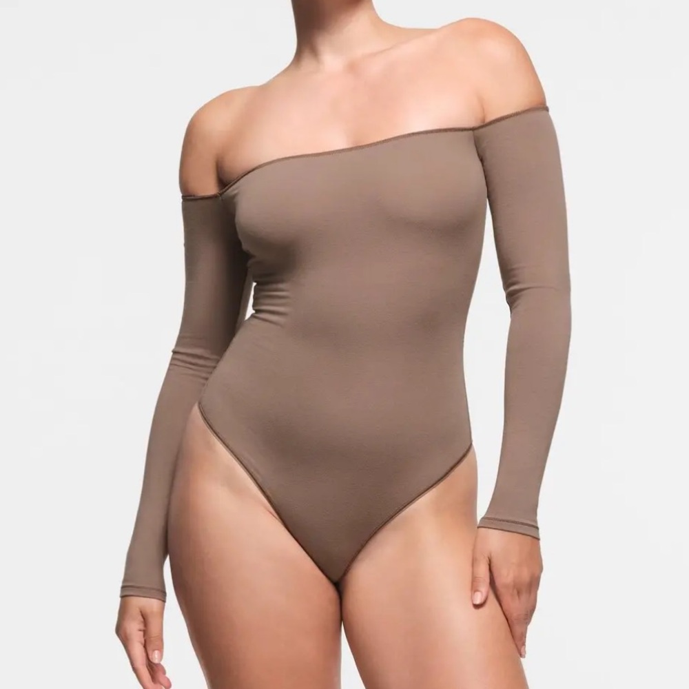 NWT COTTON JERSEY OFF THE SHOULDER BODYSUIT | TRUFFLE Brown 3X Stretchy - Picture 2 of 5
